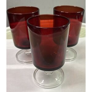 3 LUMINARC FRANCE Ruby Red glass Arcoroc Cavalier footed wine/water glasses‎ 4"
